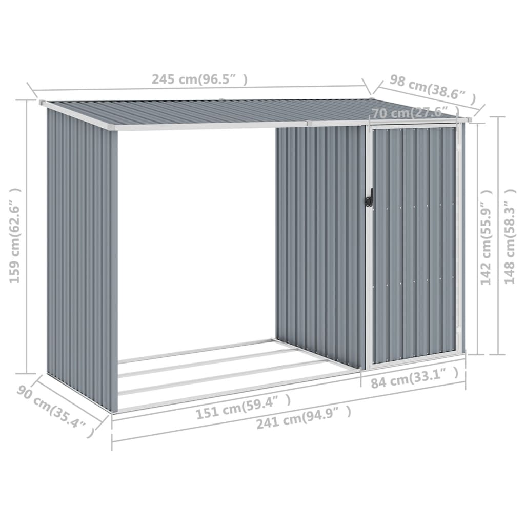 NNEVL Garden Firewood Shed Grey 245x98x159 cm Galvanised Steel-2